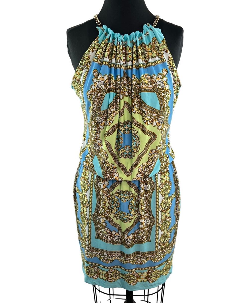 CACHE Womens Baroque Chain Halter Dress Blue Yellow Sleeveless Stretch Size M